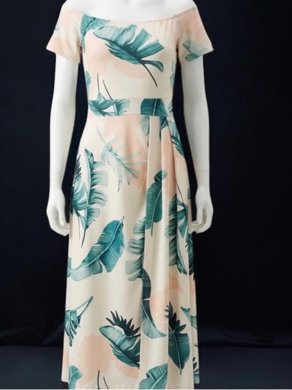 Off-Shoulder Tropical Print Maxi Dress in Cream and Teal.